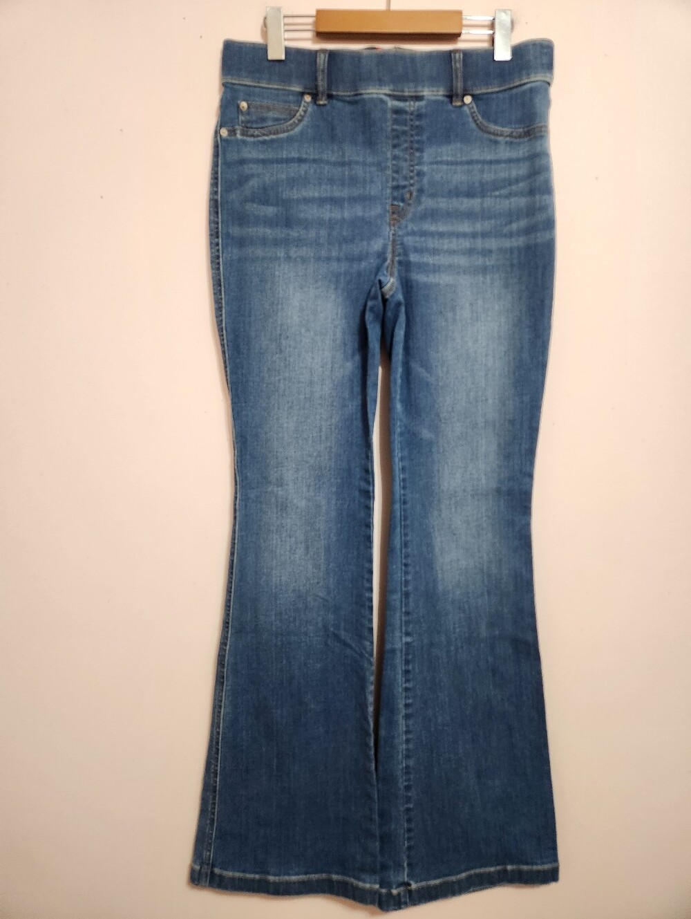 Spanx Pull-On Flare Jeans Medium Wash Whiskered High Rise Denim Size Large L